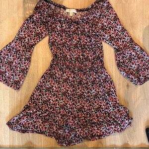 Michael Kors Black Floral Off-Shoulder Mini Dress with Pink & Green Accents